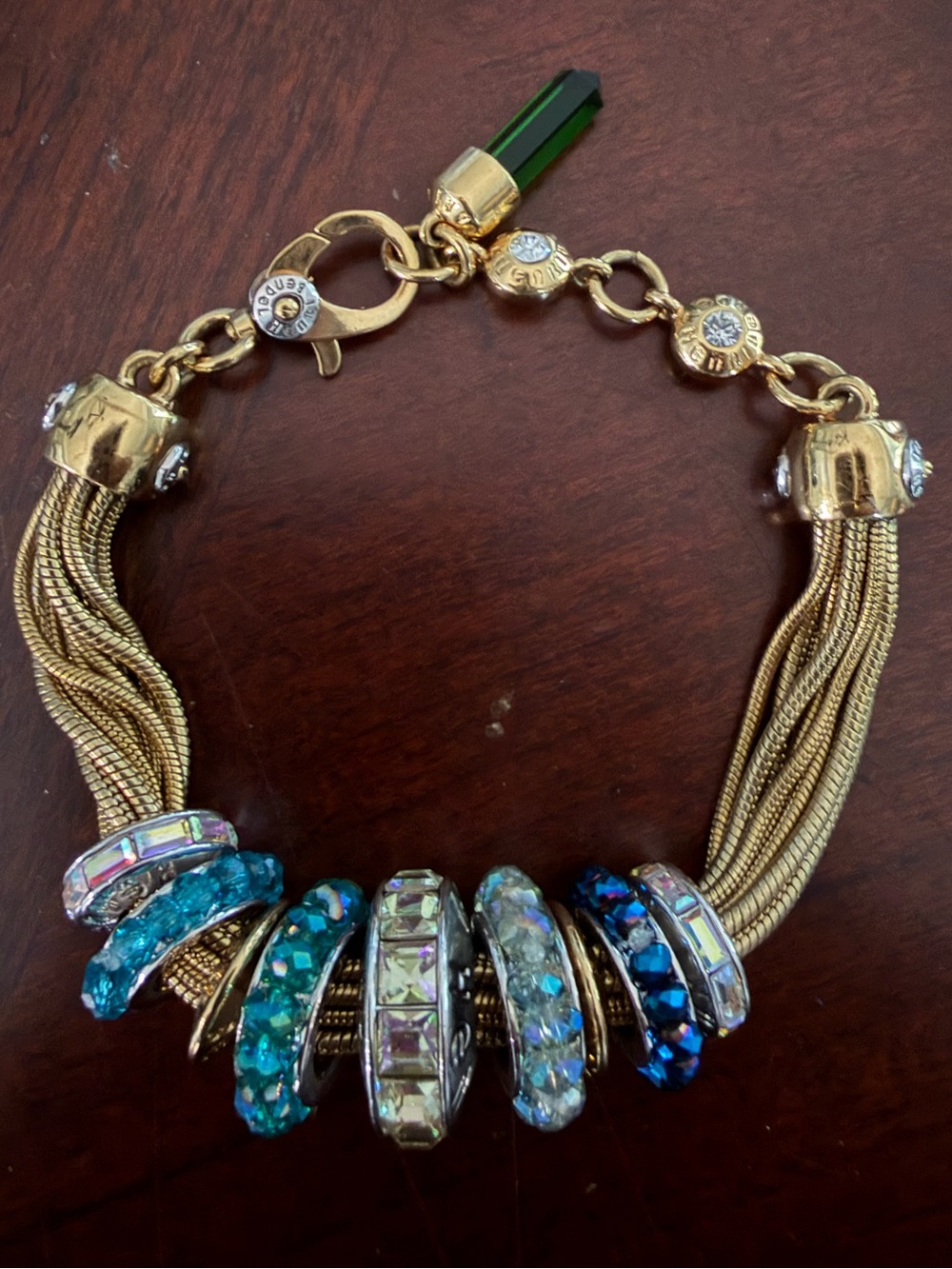Henri Bendel Vinrage Luxe Multi Strand Snake Chain Crystal Slide Charm Bracelet